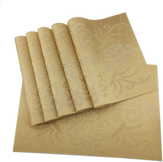 Luxury Gold Placemats Set of 6 Crossweave Woven Vinyl Placemat for Dining Table Heat Resistant Non-Slip Kitchen Table Mats Easy to Clean