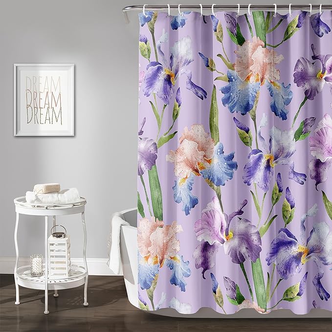AILONEN Floral Shower Curtain, Pretty Purple Iris Pattern Shower Curtain Set for Girls Boys Teens Kids,Fantasy Vintage Flower Fabric Shower Curtains for Bathroom,72" W*84" H
