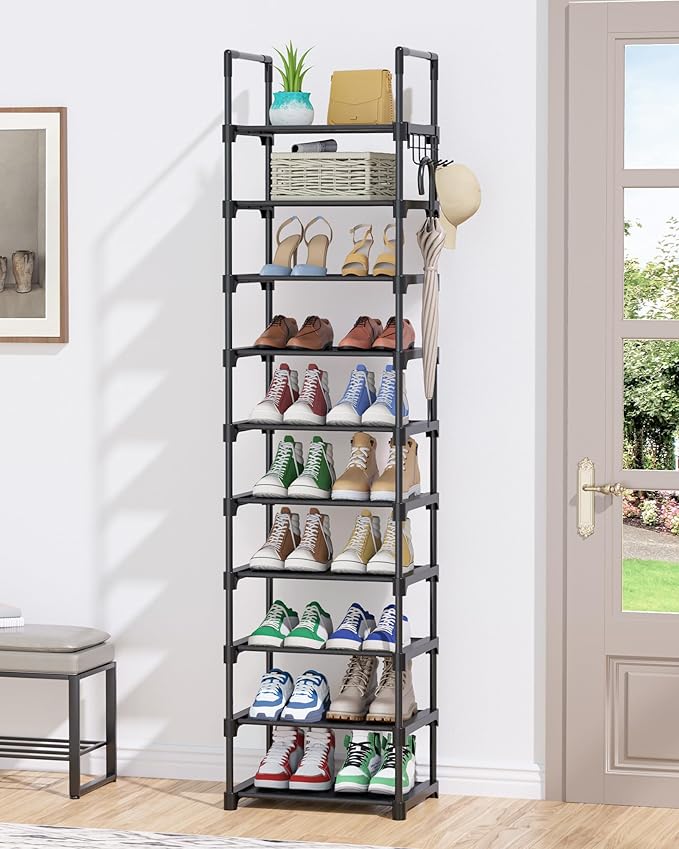 Kitsure Shoe Rack - 10-Tier Shoe Organizer with Detachable Fabric Shelves & Thick Metal Frame, Easy-to-Assemble Tall Shoe Rack for Closet, Entrance, Living Room, 16.9"×11.8"×68.5", Black