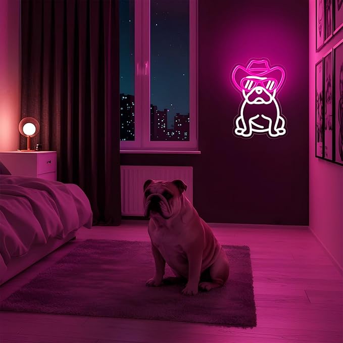 Dog Neon Sign for Wall Decor,Dimmable French Bulldog with Cowboy Hat & Glasses Neon Light,Pink White Puppy Light Up Signs for Pet Shop Bedroom Party Bar Background Decoration