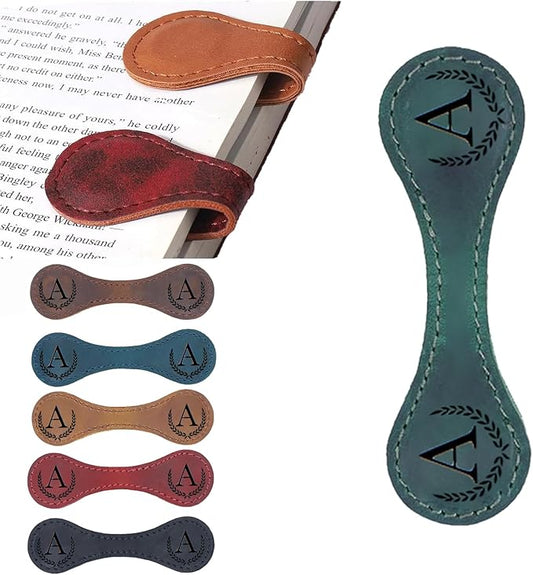 Personalized Magnetic Leather Bookmark, 26 Letters Custom Leather Bookmarks, Handmade, Leather Magnetic Bookmark for Book Lovers Readers Women Kid(Green，A）