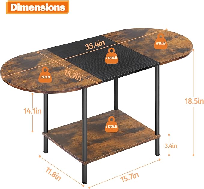 Coffee Tables for Living Room,2-Tier Small Coffee Table Farmhouse Oval Center Table with Storage Shelf and Wood Tabletop,for Small Space,Home Office,Black & Brown