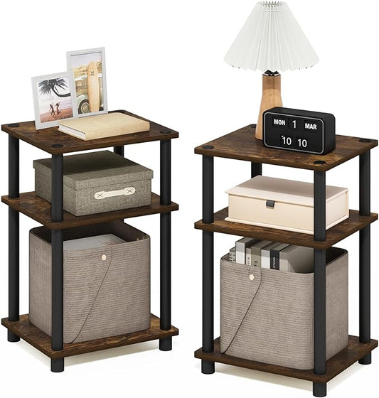 Furinno Just 3-Tier Turn-N-Tube End Table, 2-Pack, Amber Pine/Black
