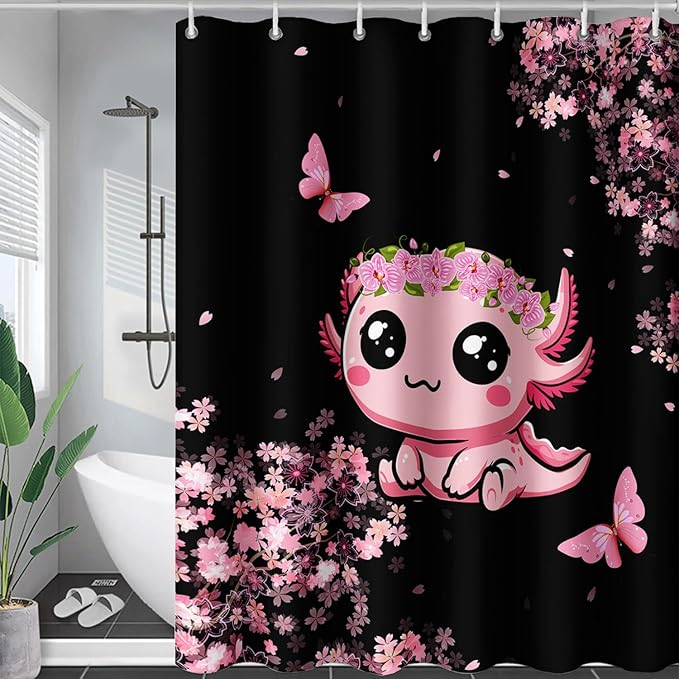 AILONEN Cute Cartoon Axolotl Kawaii Shower Curtain,Pink Cherry Blossom Floral Bath Curtain,Animal Axolotl Butterfly Waterproof Black Curtain for Bathroom, 60" W x 72" H