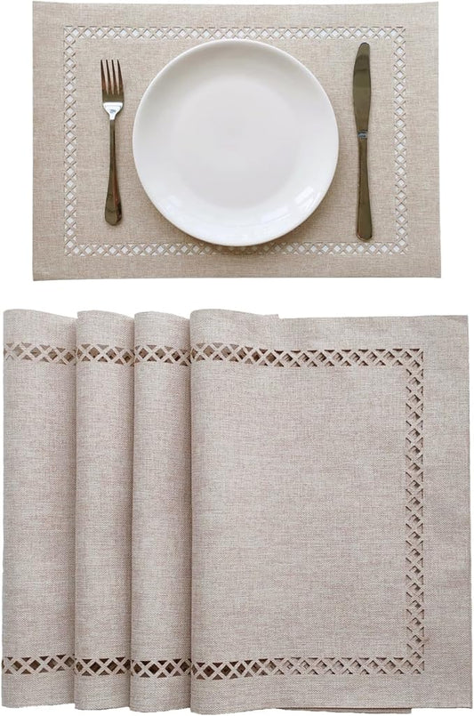 Placemats Set of 4 for Dining Table with Hollow Edge Design- Table Mats 12x 18 Inch, Cloth Place mats Machine Washable (Beige 4pcs)
