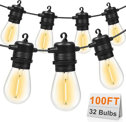 100FT LED Outdoor String Lights, Commercial Grade Patio Lights with 30+2 Shatterproof S14 Edison Vintage Bulb for Outside Backyard Porch Balcony Party Cafe Decor