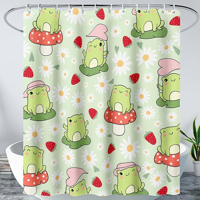 AILONEN Cute Frog Shower Curtain for Bathroom, Kawaii Strawberry and Frog Bath Curtain,Mushroom Frog Kids Girls Waterproof Curtain with 12 Plastic Hooks(72" W*84" H)