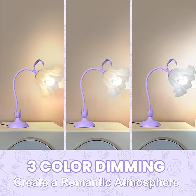 Vintage Flower Bedside Desk Lamp, 3 Color Modes with E26 Bulb, Small LED Unique Gooseneck Cute Table Lamp for Living Room, Modern Night Light for Kids Bedroom Decor, Girls Reading, Office, Purple