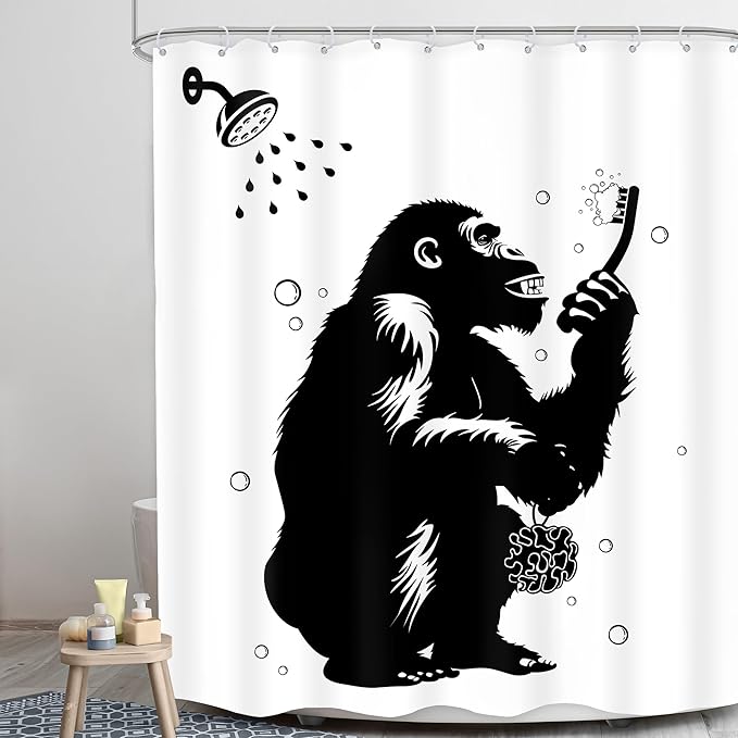 LGhtyro Funny Monkey Shower Curtain Bathroom Set 60Wx71H Inches Black White Animal Chimpanzee Bathing Wildlife Hilarious Modern Cool Bath Accessories for Boys Men Art Home Decor Fabric 12 Pack Hooks