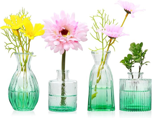 Mapoxy Glass Bud Vases Set of 4,Small Green Flower Vases for Wedding Centerpiece Table Decorations,Clear Vintage Embossed Mini Vases,Flower Arrangements in Vases for Party or Home Decor