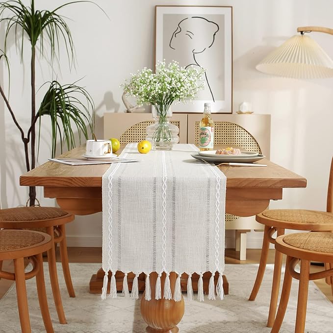 Rustic Farmhouse Style Linen Table Runner, Boho Handmade Tassel Embroidered Table Runners 48 Inches Long for Holiday Party, Wedding and Dining Decorations, 13 inchW X 48 inchL - Ivory