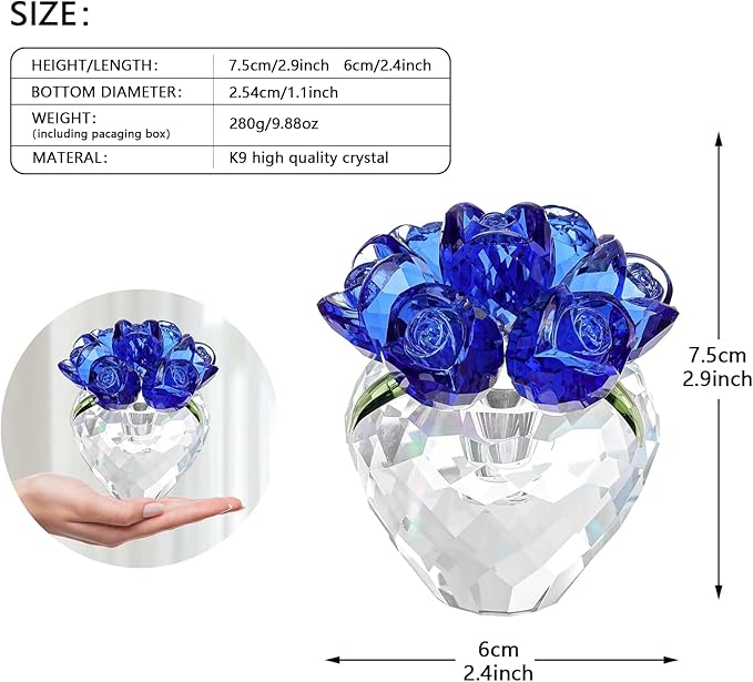 Crystal Flower Figurines - Glass Rose Home Decor - Flower Bouquet for Ladies Gifts(Blue)
