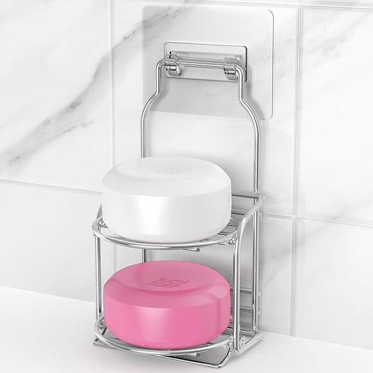 2-Tier Silver Shower Soap Shampoo Bar Holder, Self Adhesive & Freestanding Draining Soap Dish Caddy
