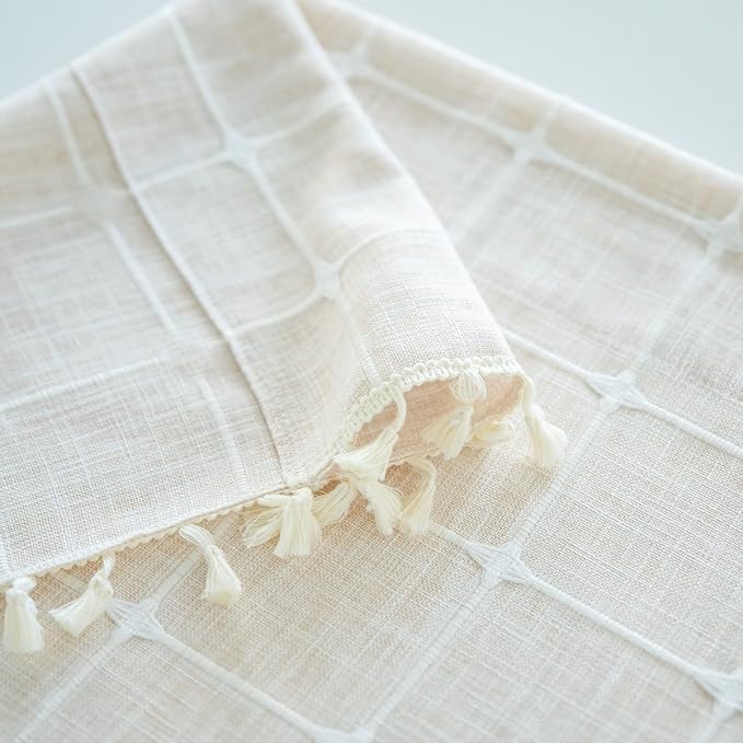 Sutuo Home Boho Curtains for Living Dining Room Bedroom 96 Inch Length, Light-filtering Vintage Chic Tassels Farmhouse Linen Window Treatment Bohemian Drape, 1 Panel 52" W x 96" L, Light Coffee Plaids