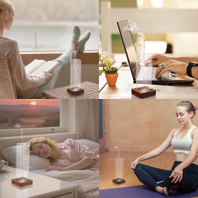 Incense Sticks Holder with Premium Glass Ash Catcher and Upside-Down Metal, Profession Anti-Ash Flying, Heat-Resistant Easy Clean for Yoga, Meditation, Home Decor (2 in 1 Design, Wooden Base)