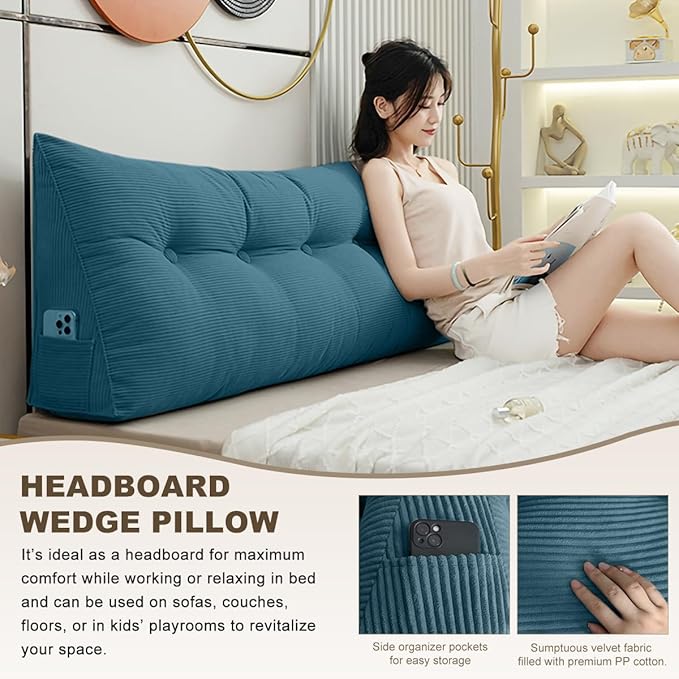 Headboard Pillow - Queen-Sized Headboard Wedge Pillow for Daybeds and Bunk Beds - Durable, Comfortable, with Removable Velvet Cover (Navy blue, 39x20x8Inches)