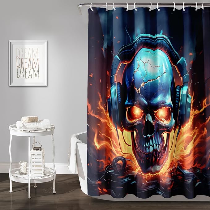 AILONEN Headset Skull Shower Curtain,Hip Hop Skeleton Fire Skull Bath Curtain,Cool Skull Decoration Bathroom Curtain with 12 Plastic Hooks,Waterproof 72" W*84" H