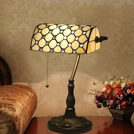 Tiffany Style Bankers Table Lamp Stained Glass Piano Desk Lamp Vintage Bedroom Bedside Lamp for Study,Antique Alloy Base,Zipper Switch,Beige