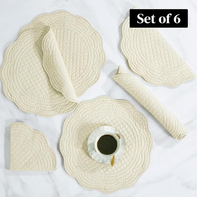 HOMBYS Quilted Placemats Set of 6 Washable Round Placemats for Kitchen Table-100% Cotton Fabric 13 Inch Round Table Mats, Cotton Fabric with Microfiber Filling, (13"x13", Flax)