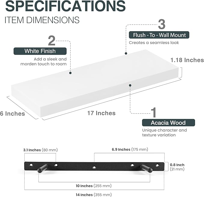 BATODA Set of 2 17" White Floating Shelves Wall Mounted for Bathroom – Wooden Decorative Wall Bookshelf - Storage Shelf Organizer for Home, Bedroom, Kitchen - Black Bracket, Shelving Mounting Included