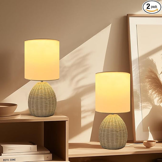 Boho Rattan Table Lamp Bedside - 3 Color Temperature Handmade Bamboo Woven Lamp for Nightstand Living Room (Original Color, 2 Pack)
