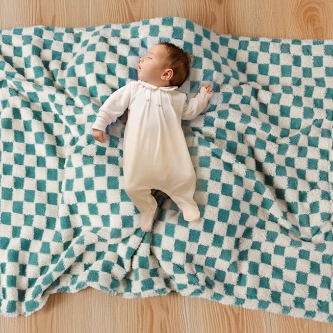 Soft Checkered Baby Blankets for Unisex Girls or Boys Breathable Gender Neutral Nursery Double Layer Blankets with Dotted Backing for Newborn Toddlers (30??X 40??