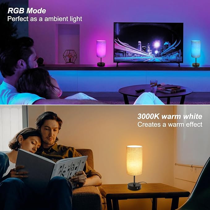 Ascher 2 Pack Table Lamp RGB Color Changing - 3 Color Temperatures Stepless Dimmable Small Bedside Lamp for Bedroom, Touch Control Nightstand Light with Flaxen Shade for Reading Home Decor Lights