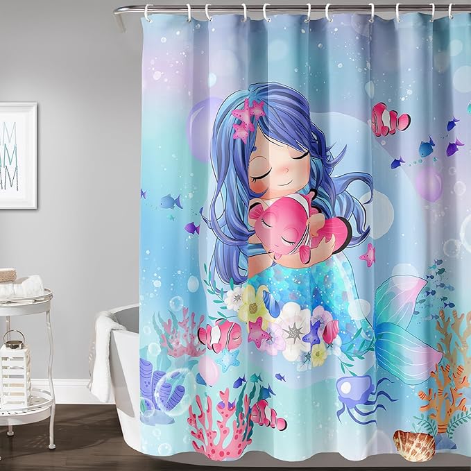 AILONEN Beautiful Mermaid Shower Curtain,Cute Mermaid Bath Curtain for Girls Teens,Ocean Curtain,Cartoon Fish Print Blue Waterproof Curtain for Bathroom Decor, 72" W x 96" H