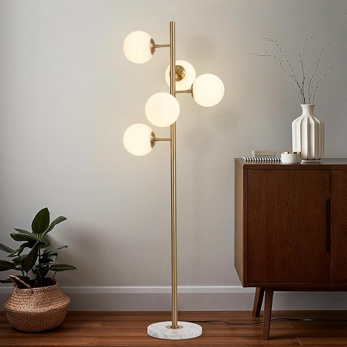 KCO Lighting 5-Light Frosted White Glass Globe Floor Lamp Mid Century Modern Gold Tall Pole Standing Light LED Standing Lamps with Foot Switch for Home Office (Gold)