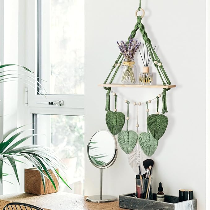 Macrame Wall Hanging Shelf Wood Floating Storage Shelf Boho Woven Leaf Wall Decor Plant Hanger for Photo Display Bedroom Living Room Nursery Decor