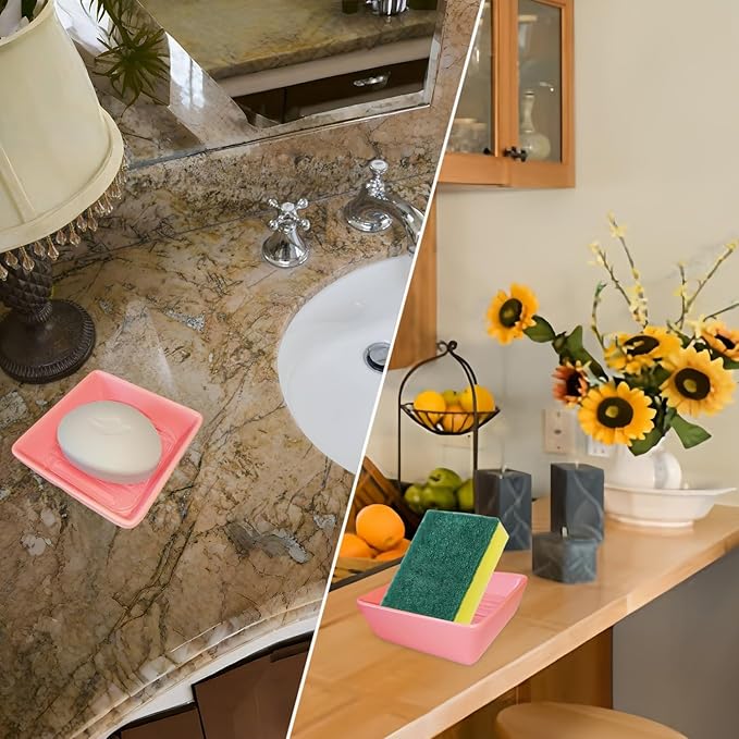 Square Soap Case Ceramic Soap Tray Fit Dr. Squatch Natural Bar Durable Soap Holder for Shower Home Bathroom Soap Dishes Daily Use Sink Bathtub (Pink)