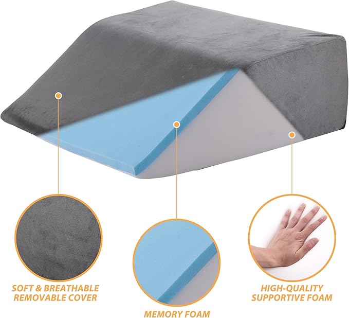 Leg Elevation Pillows, Leg Pillows for Sleeping, Cooling Gel Memory Foam Top, Wedge Pillow for Legs, Leg Wedges for Circulation, Swelling, After Surgery - Removable Cover (10 Inch, Grey)