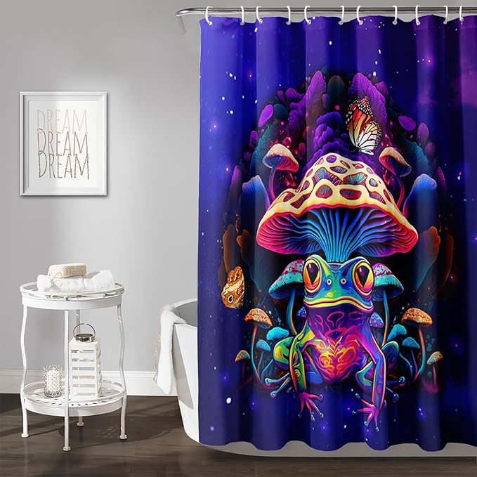 AILONEN Colorful Frog Shower Curtains,Poisonous Mushroom Printed Bath Curtains for Kids,Purple Polyester Waterproof for Bathroom,72" W*84" H with 12 Plastic Hooks