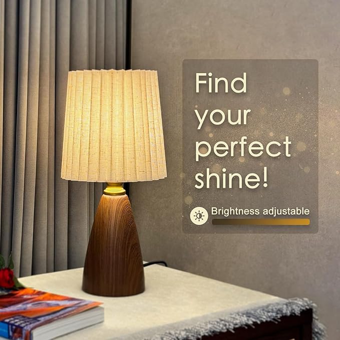 Small Pleated Table Lamp for Bedroom, Bedside Lamps for Nightstand, Dimmable Desk Lamp Ceramic Wood Grain Base Round Flaxen Fabric Shade for Living Room, Kids Room,LED Bulb Included(Art Deco)