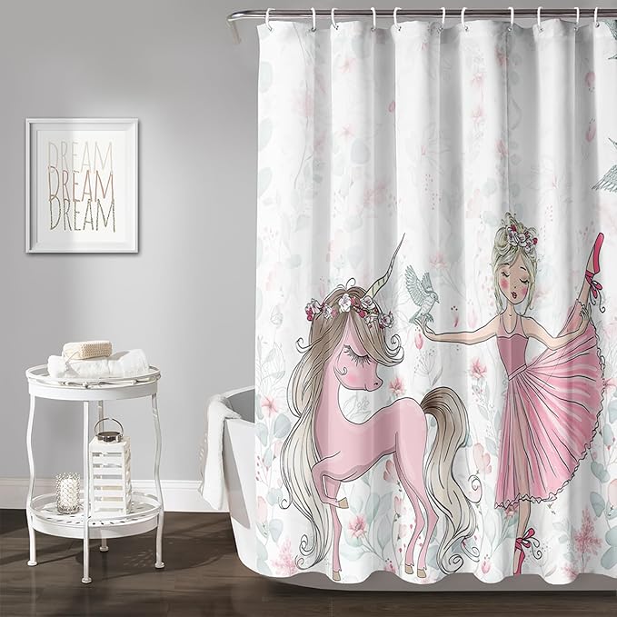 AILONEN Unicorn Shower Curtain, Cartoon Unicorn with Ballerina Girl Shower Curtain Set for Girls Teens Kids,Watercolor Pink Flowers Fabric Shower Curtain for Bathroom,72" W*84" H