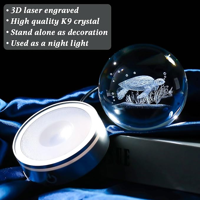 Movdyka Sea Turtle Gifts for Women Men 3D Sea Turtle Decor Statue Crystal Ball Night Light, Laser Engraved Sea Turtle Ornament Figurine Glass Snow Globe Room Decorations Crafts