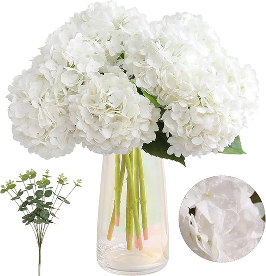 Tifuly Fake Hydrangea Artificial Flowers with Vase 4pcs 3D Real Touch Faux Hydrangea and 3pcs Eucalyptus Stems for Wedding Centerpiece Home Party Table Decoration（White）