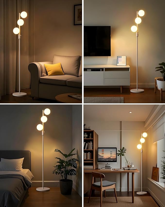 64IN Dimmable White Floor Lamp, Tall Standing Lamps with 3 Globe Soft Warm White Eye Care 3000K G9 Bulbs, Mid Century Modern Floor Lamp for Bedroom Office