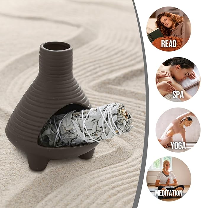 Palo Santo Holder Handmade Ceramics Incense Burner Chimney Dish Smudge Bowl for Palo Santo Sticks Sage Bundles with Brush(Brown) (Aroma Lavender Gray)