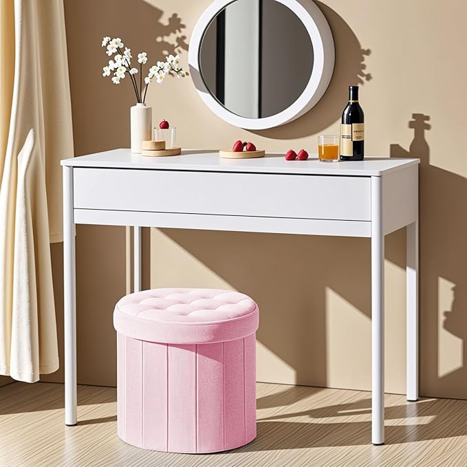 Bsketa® Folding Storage Ottoman Round 14" x 14" x 13"Inch Foot Stool with Thicker Foam Padded Seat Small Velvet Storage Ottoman Bench Foot Rest for Living Room Foldable Coffee Table(Pink)