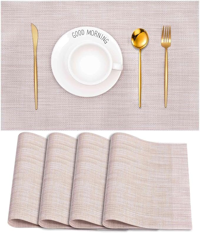 GIVERARE Placemats Set of 4, Heat-Resistant Woven Vinyl Placemat 12x18in, Non-Slip Washable PVC Table Mat, Easy to Clean Premium Plastic Mats for Dining, Kitchen Table (Beige)