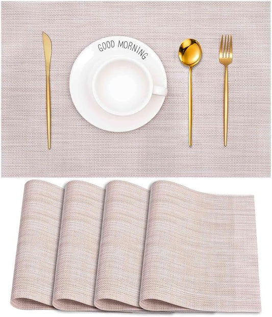 GIVERARE Placemats Set of 4, Heat-Resistant Woven Vinyl Placemat 12x18in, Non-Slip Washable PVC Table Mat, Easy to Clean Premium Plastic Mats for Dining, Kitchen Table (Beige)