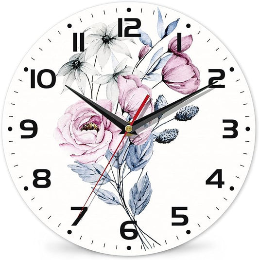 Clock for Living Room, Watercolor Floral Wall Clock, Contemporary Home Decor Easy to Read Wall Clock for Living Room, Bedroom, Bathroom and Kitchen, 10 Inch