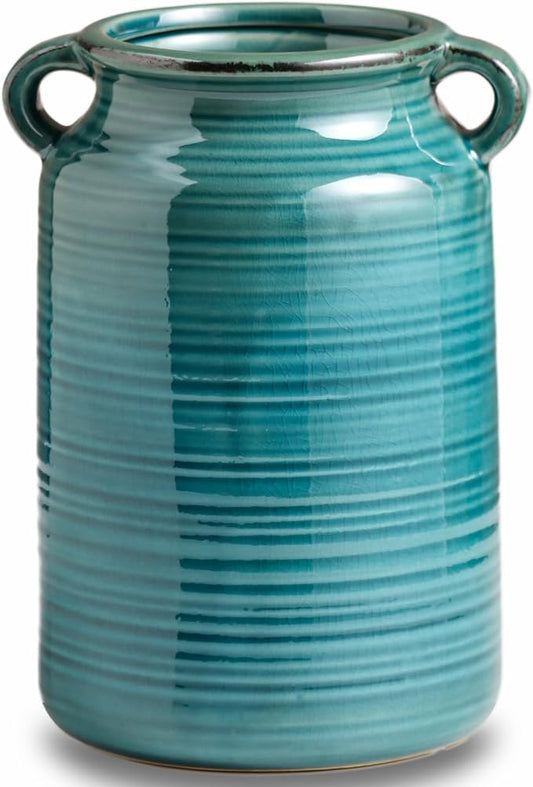 Ceramic Rustic Distressed Green Flower Vase for Centerpieces, Kitchen, Office or Living Room (5.9''x8.6'')