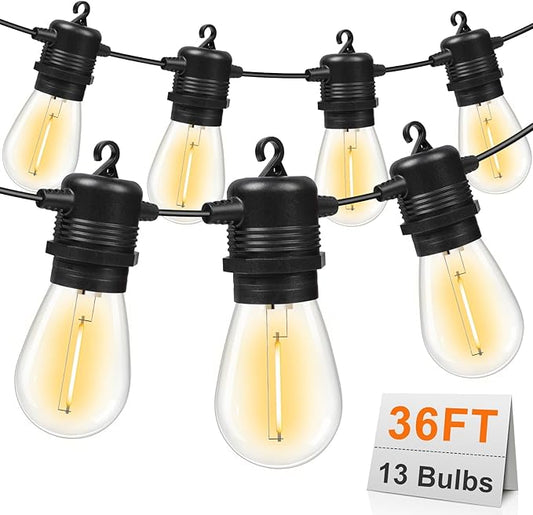 LED Outdoor String Lights 36FT Patio Lights with 13 Shatterproof S14 Replaceable Bulbs(1 Spare), Outside Hanging Lights Waterproof for Porch, Deck, Garden, Backyard, Balcony, 2700K Dimmable