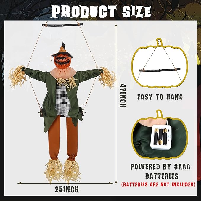 Scary Halloween Decorations - Outdoor Hanging Swinging Pumpkin with Sound & Slap Activated, Light Up Eyes Creepy Sound Expressions, Large Scary Decor Props for Indoor & Outdoor