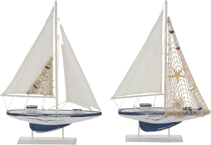Deco 79 Wood Sail Boat Handmade Decorative Sculpture Home Decor Statues, set of 2 Accent Figurines 13" x 2" x 20", White