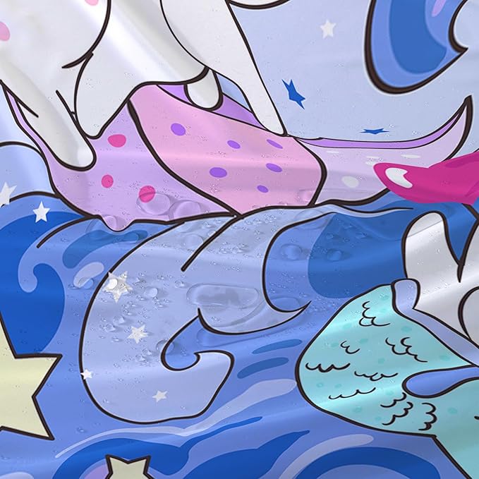 AILONEN Cute Cat Shower Curtain,Kawaii Cartoon Mermaid Kitten Polyester Cloth Bath Curtain Set for Girls Boys,Kittens with Spray Waterproof Shower Curtains for Bathroom, 72" W*78" H Blue