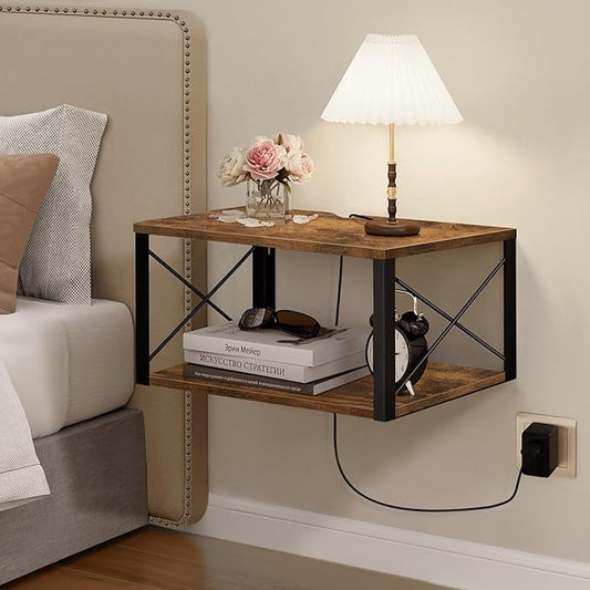Homode Floating Nightstand, Wood Floating Bedside Table with Cable Hole, 2 Tier Wall Mounted Nightstand, Hanging Night Stand Wall Shelves for Bedroom Living Room Bathroom Kitchen, Rustic Brown