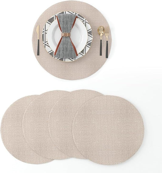 Set of 4 Round Placemat 15 Inch Soft Linen eco-Friendly Fabric Handcrafted Machine Washable Indoor & Outdoor Tablemat Natural Linen